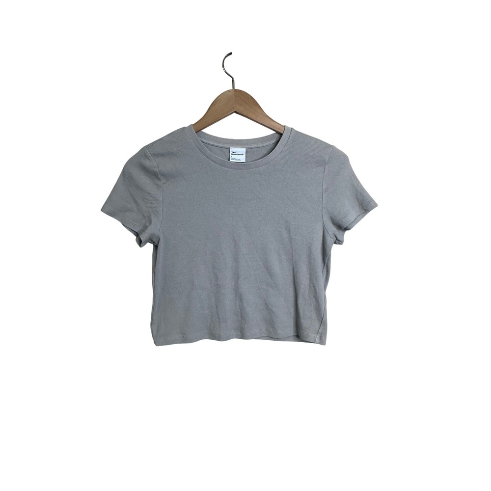 TNA home stretch Womens Ribbed Cropped T Shirt Size L Gray crew‎ neck